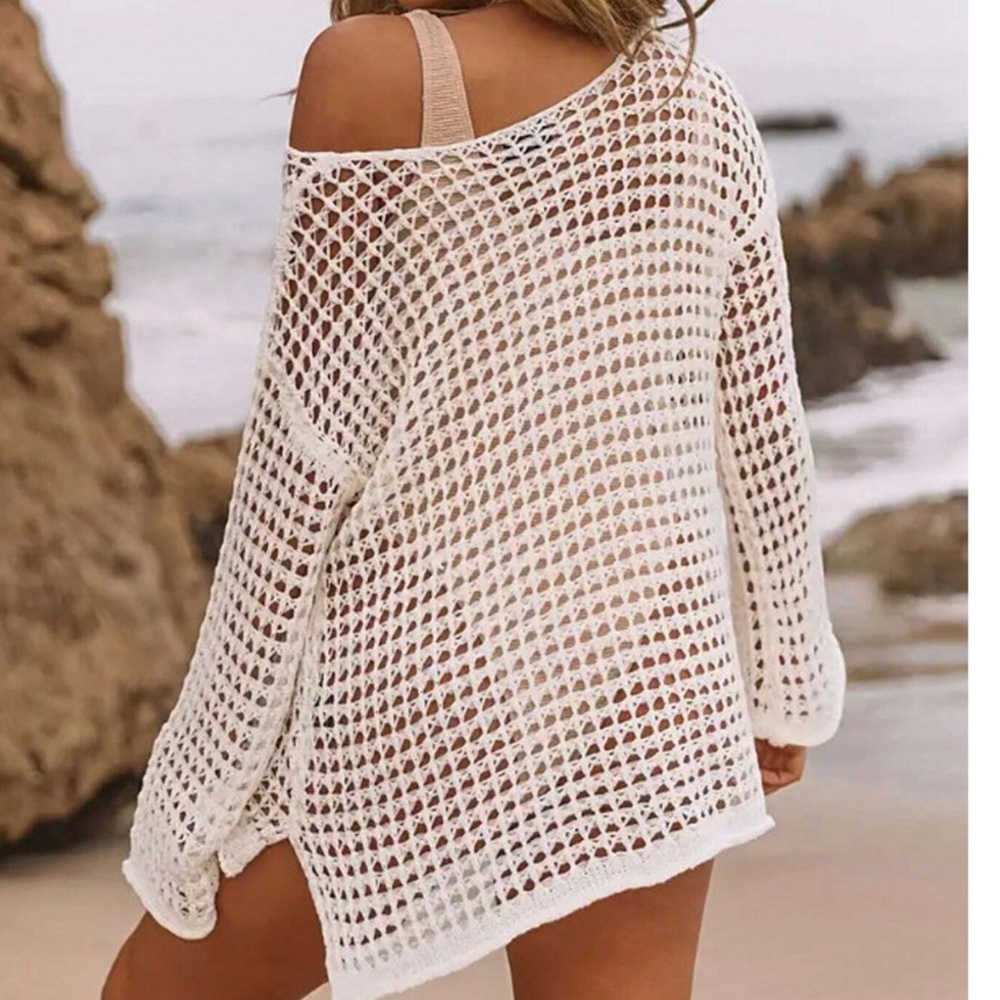 Crochet Loose Fit Sheer Long sleeve Beach Cover up Top - Picture 5 of 12